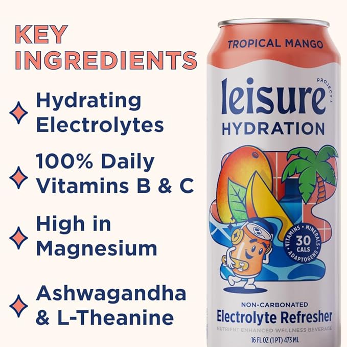 Leisure Hydration Non-Carbonated Electrolyte Refresher, Tropical Mango Flavor - Low Sugar Nutrient Enhanced Water Beverage - Get The Best Hydration Packed w/ Magnesium & Ashwagandha For Mood & Stress Support, Non-GMO, 16 oz (12-Cans)