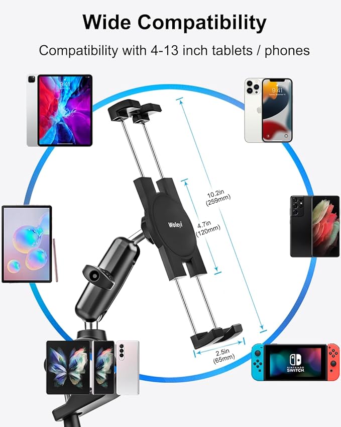 Bike Tablet Mount, Super Stable Handlebar Motorcycle Tablet Holder with Metal Arm, Scooter Bicycle Tablets Clamp with 360 Degree Adjustable for iPad Pro Air Mini, iPhone, Galaxy Tab, 4.7-13" Devices