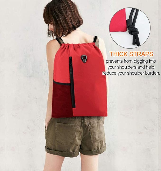 BeeGreen Red Lightweight Drawstring Backpack For Women W Water Bottle Pocket &Front Zippered Pocket Large Sports String Sackpack For Traveling Yoga Beach Outdoor Gym