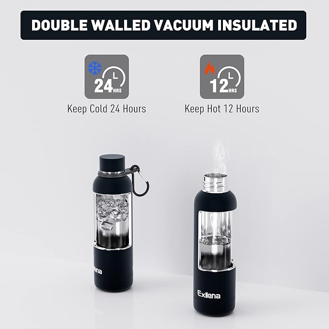 Slim Insulated Water Bottles for Travel 18oz with Clip, Double Wall Vacuum Stainless Steel Water Bottle Keeps Drinks Cold 24 Hrs/Hot 12 Hrs, 100% Leakproof, BPA Free(Black)