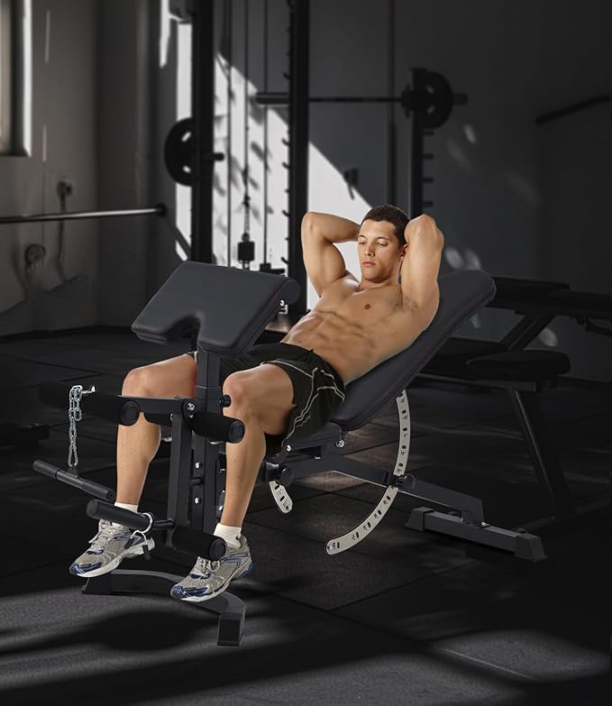 Adjustable Weight Bench for Home Gym, Decline Flat Incline Bench with Leg Extension & Preacher Curl Attachment for Bench Press, Sit Up, Leg Curl & Ab Workout