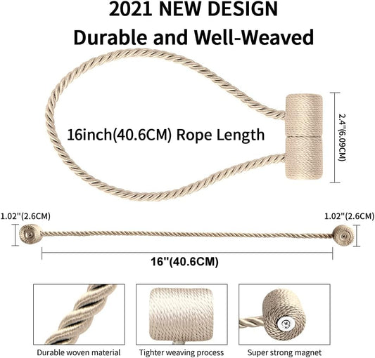 18 Inch Strong Magnetic Curtain Tiebacks, Curtain Holdbacks Modern Upgrade Strong 2021 New Twisted Style Decorative Drapery Rope Tie Backs(4 Pack Beige)