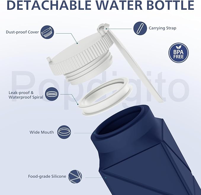 610ml Collapsible Water Bottles Upgrade Foldable Water Bottle BPA Free Reusable Lightweight LeakProof Silicone Water Bottles 20.6oz for Travel Hiking Office Camping Outdoor Sport Dark Blue