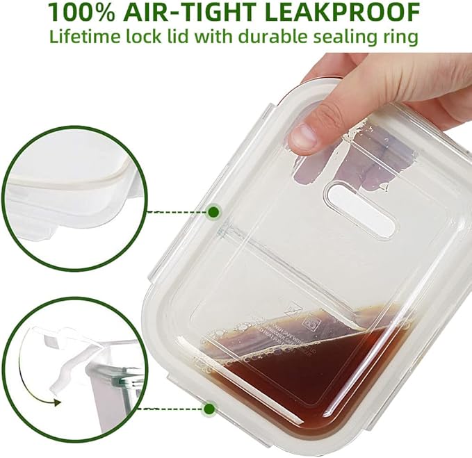 DAS TRUST 3 Pack Glass Food Storage Containers 2 Compartments Glass Meal Prep Containers with Lids for Adult Food Prep Containers with Divider Reusable Lunch Bento Box