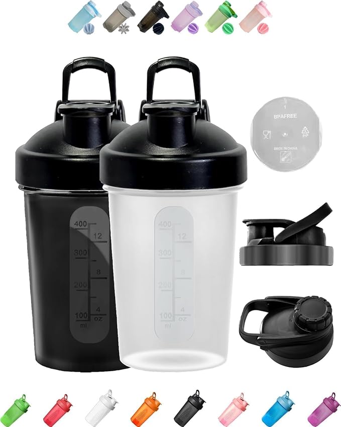 2 Pack Black Small Protein Shaker w. Whisk,Clear & Color Cup of Each(BPA Free,4-8-12-16 Oz,5" Height),Easy to Screw & Snap Lid for Anti-Leak,Ergonomic Design for Anti-Drop,Replace w/o Cost in 10 Month