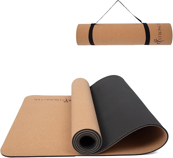 StrongTek Eco-Friendly Cork Yoga Mat, 7mm Thick, 72"x24", Cork+TPE, 2 lbs, Non-Slip, Lightweight & Cushioned Mat for Hot Yoga, Pilates & Home Fitness, Durable Surface with Natural Grip and Carry Strap