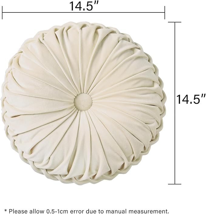 HIG Set of 2 Decorative Round Pleated Throw Pillows,Classy Accent Pumpkin Throw Pillows with Center Button,Vintage Velvet Floor Pillows for Sofa Vanity Chair Bed, Beige,14.6" Diameter(Ripple)