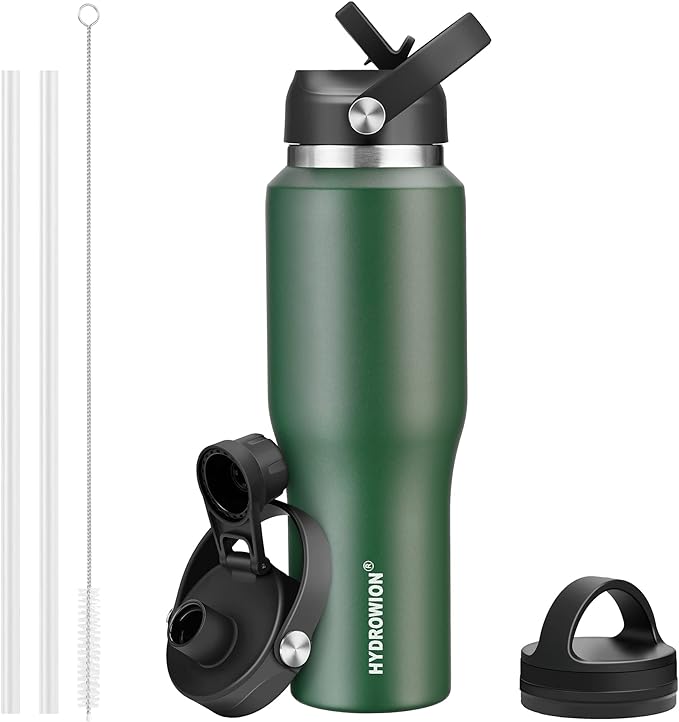 HYDROWION Water Bottle Insulated,32oz Water Bottles Straw Lid, Spout Lid and Flex Cap, Tumbler Flask (Cold for 48 Hrs, Hot for 24 Hrs), Leakproof Travel Thermo Mug, Fit Any Car Cupholder, Olive