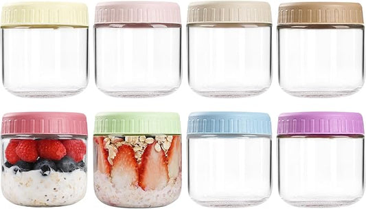 Overnight Oats Containers with Lids, 10oz Glass Jars with Lids 8 pcs, Wide Mouth Mason jars for Salad, Yogurt, Snacks, Meal Prep