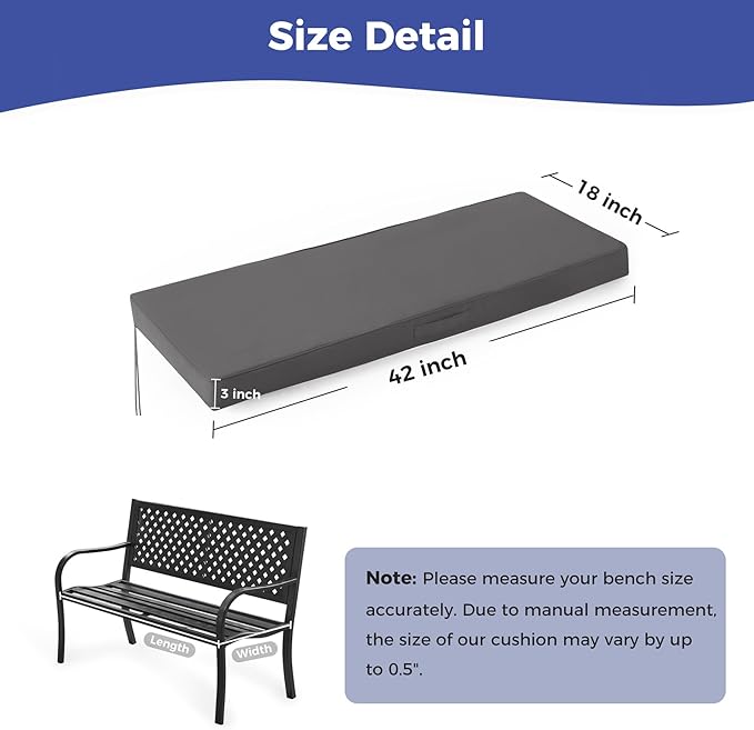 Outdoor Bench Cushions for Outdoor Furniture, 42x18x3 Inch, Waterproof Bench Pillow, Fade Resistant Long Bench Seat Pads for Garden, Indoor, Porch Swing, Dark Grey
