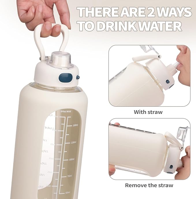 SIEROZUR 64 oz Glass Water Bottle with Straw and Handle Large Sports Motivational Bottle Flask with Time Marker Leakproof Jug with Silicone Sleeve for Gym