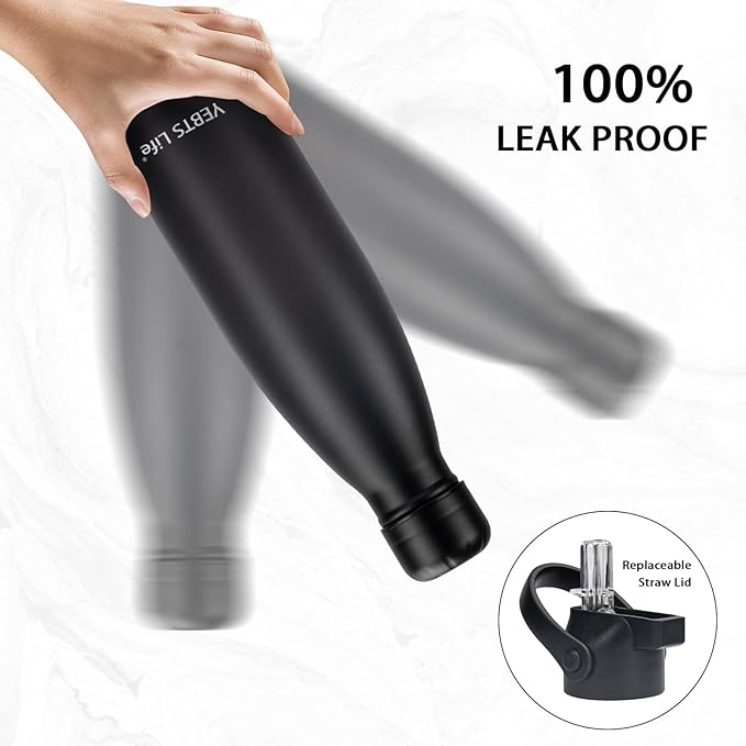 Insulated Water Bottle, 17oz Stainless Steel Water Bottles with straw lid, Metal Sports Water Bottles for Boys,Girls, Double Wall Vacuum BPA-Free Flask for School, Sports & Travel-Black
