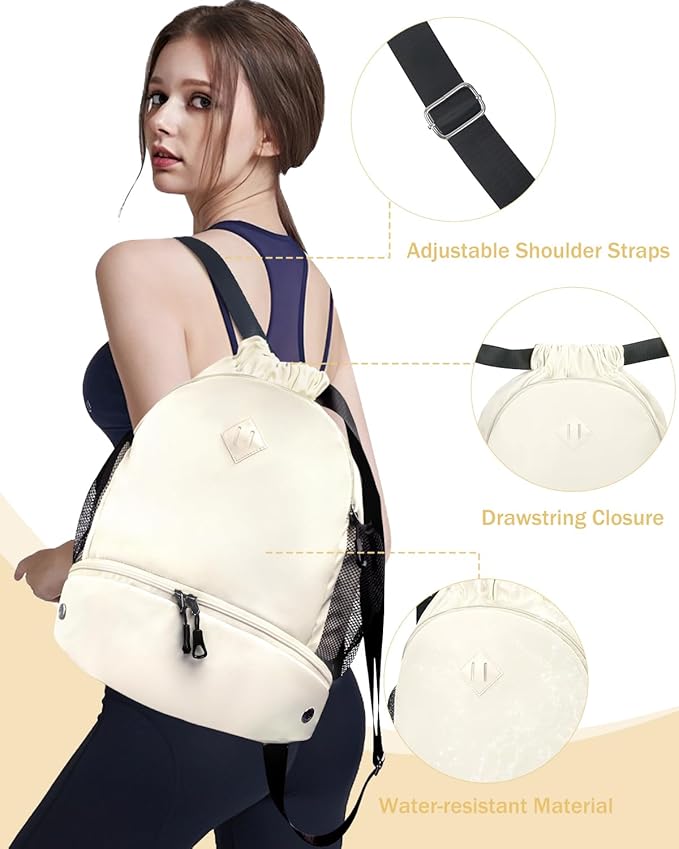 Drawstring Backpack Gym Backpack with Shoe Compartment for Men Women String Sports Bag with Wet Pocket Cinch Swim Beach Bag, Beige (Patent Pending)