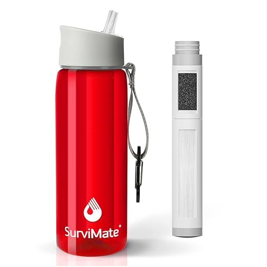 SurviMate 5-Stage 0.01μm Ultra-Filtration Filtered Water Bottle, BPA-Free Material, NSF/ANSI 42&372 Certified, Portable Water Filter Bottle for Survival, Camping, Hiking, and Emergency Use