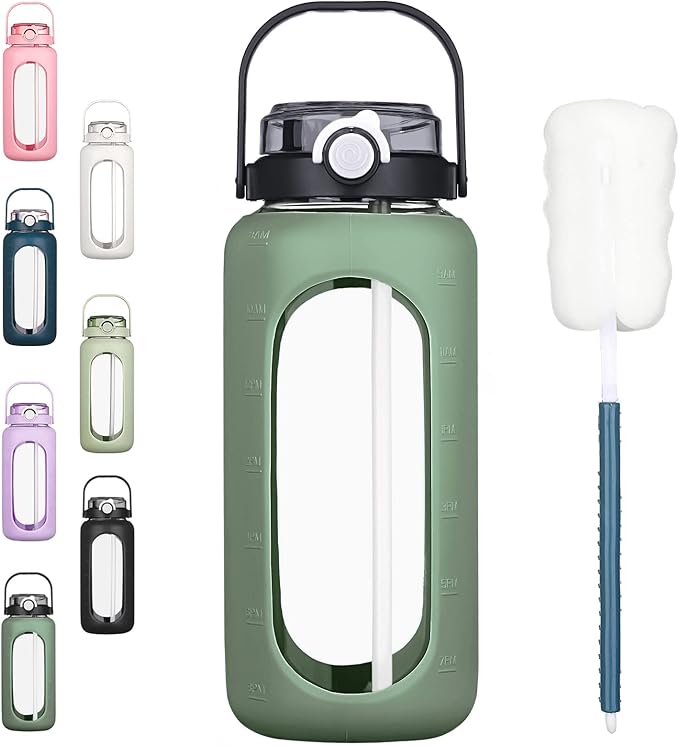 BLUEGO 64oz Glass Water Bottles with Straw Time Marker Half Gallon Large Motivational Water Bottle with Silicone Sleeve 2 Liter Large Glass Water Jug for Gym, Sports& Workout, Daily, Olive