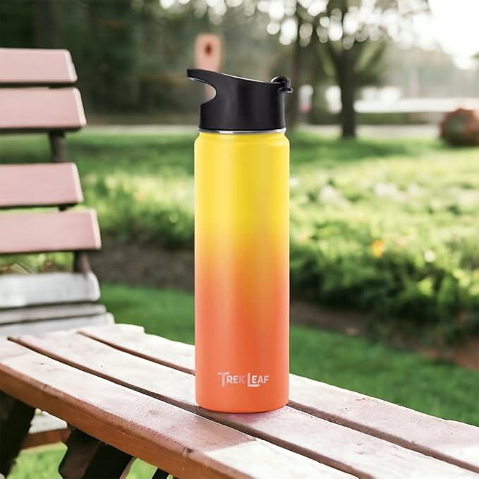 Travel Water Bottle with 3 Lids (Spout, Straw, Flip) Leak Proof, Quality, Vacuum Insulated, Stainless Steel (Sunrise, 22 oz)