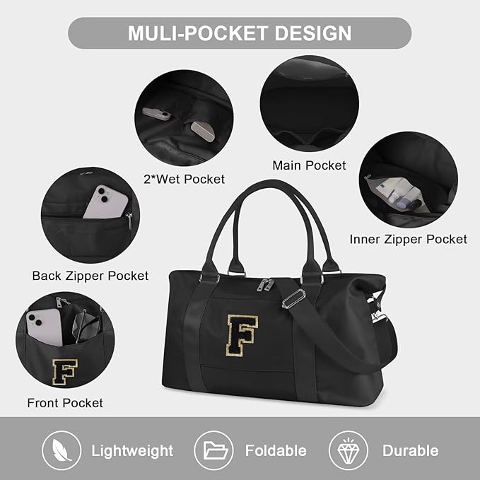 Dance Gym Duffel Bag for Teen Girls, Personalized Initial Travel Weekender Bag,Cute Overnight Carry On Duffle for Women,Sports Travel Cheer Bag,Monogram Christmas Gifts for Tween Preppy(black-F)