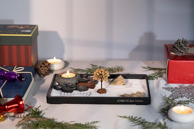 Handmade Zen Garden Pebble Tealight Candle Holder Set Quiet Spring with Free Zen Garden Tools, Sand, Base Tray and Accessories