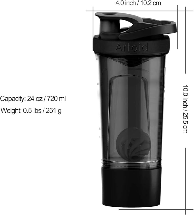 Artoid Mode Fitness Workout Sports Protein Shaker Bottle 24-Ounce, Dual Mixing Technology with Shaker Balls & Mixing Grids Included, Twist and Lock Protein Box Storage Included