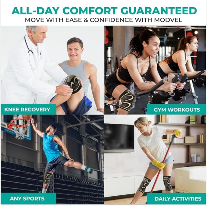 Modvel 2 Pack Knee Brace for Women & Men - Workout Knees Compression Sleeve for Knee Pain Relief Joint Support for ACL, Arthritis, Meniscus Tear Knees Brace for Sports, Rodilleras para Gym Fitness