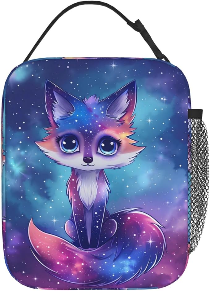 Cosmic Fox Polyester Lunch Box for Kids Teen,Galactic Reusable Thermal Lunch Bag for Adult Women,Animal Insulated Tote Cooler Bags for School,Work,Picnic,Travel,Starry Night Theme