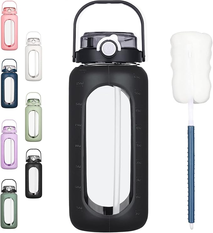 BLUEGO 64oz Glass Water Bottles with Straw Time Marker Half Gallon Large Motivational Water Bottle with Silicone Sleeve 2 Liter Large Glass Water Jug Daily, Black