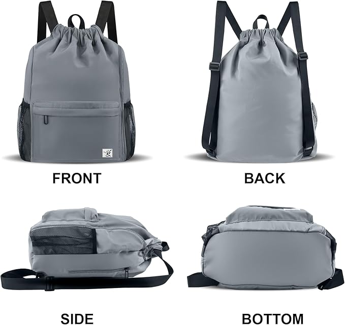 Drawstring Backpack with Mesh Pockets String Gym Bag Sackpack Sandproof Water Resistant Beach Backpack for Men Women