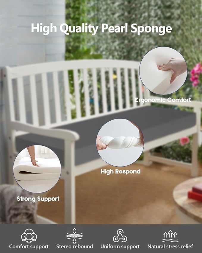40x16x2 Outdoor Bench Cushion, Strengthen Waterproof Seat Cushions, High-Density Bench Pad with Anti-Slip Bottom, Outdoor Cushion for Patio Garden Swing Furniture - Grey