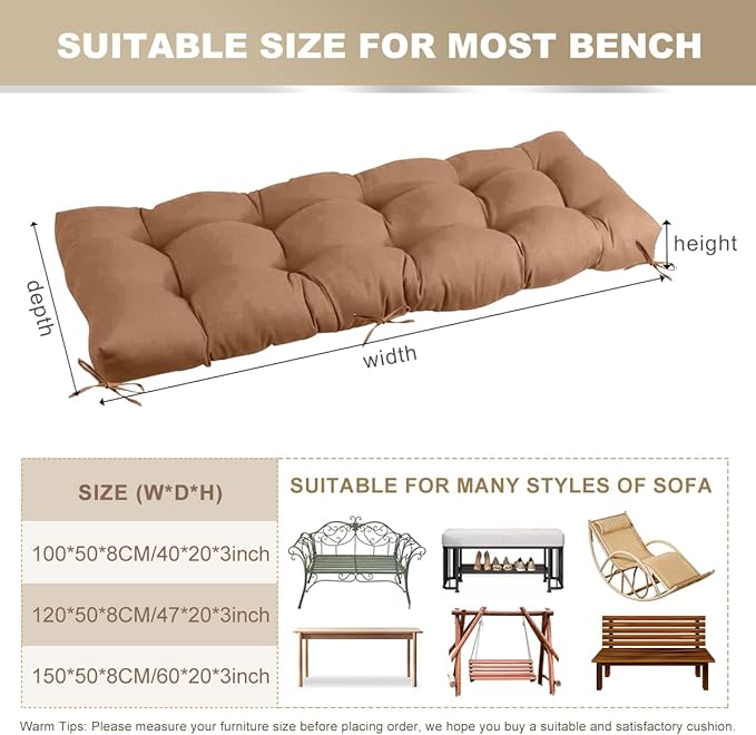 Outdoor Bench Cushion 47inches Waterproof & Fade Resistant Patio Furniture Cushions Tufted Fresh Porch Swing Lounger Loveseat Pads with Straps(Light coffee-47x20in)