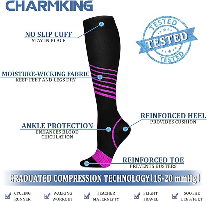 CHARMKING Compression Socks for Women & Men Circulation (8 Pairs) 15-20 mmHg is Best Support for Athletic Running,Hiking