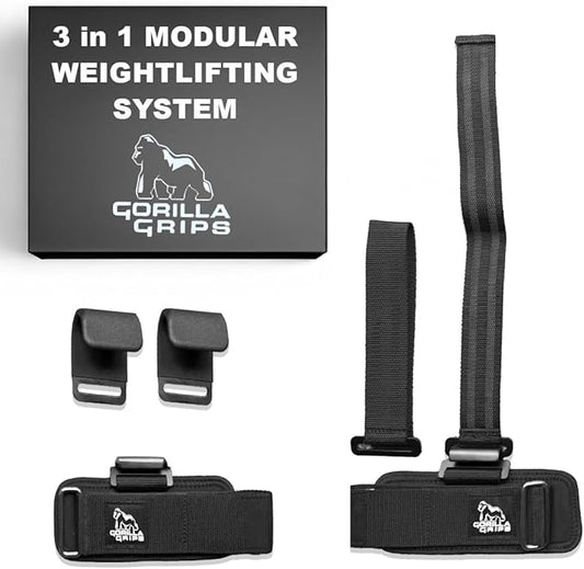 Gorilla Grips wrist wraps for weightlifting men with weight lifting hooks, wrist straps for men and women combining deadlift straps, pull up grips and modular attachments.