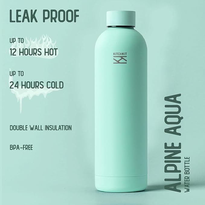 Insulated Stainless Steel Water Bottle 25oz/750ml Vacuum Flask, Leak-Proof Lid, Hot & Cold Retention, Minimalist White Design, Reusable Eco Bottle (Alpine Aqua)