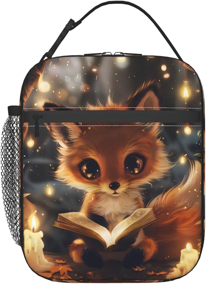 Fox Polyester Lunch Box for Kids Teen,Cute Reusable Thermal Lunch Bag for Adult Women,Animal Insulated Tote Cooler Bags for School,Work,Picnic,Travel,Magical Book-Loving Theme