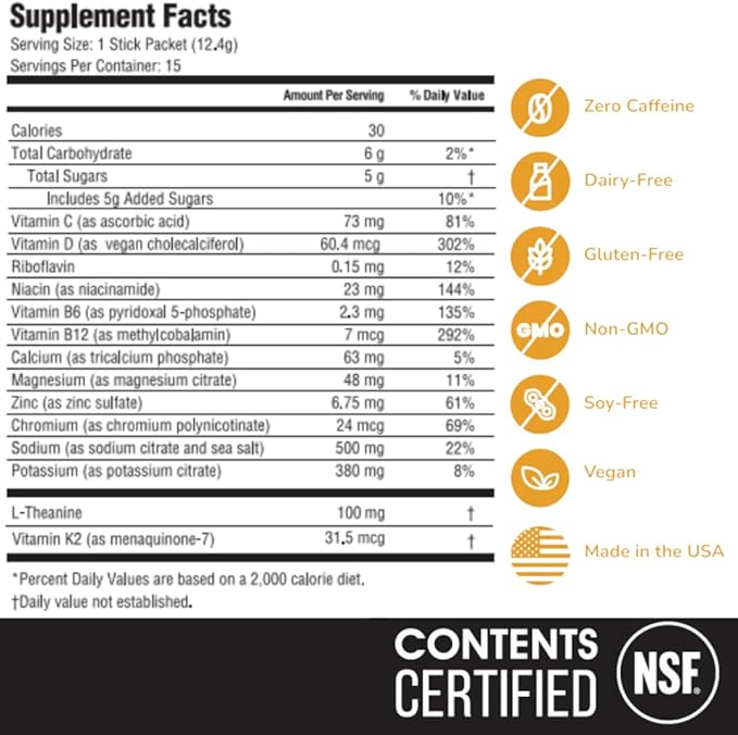 Electrolyte & Vitamin Supplement Powder, Drink Mix with B12, L-Theanine, D3, K2, Zinc, Magnesium, Potassium, Supports Calm Focus & Energy, Peach Mango, 15 Pack