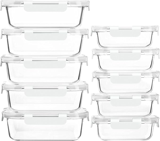 [10-Pack]Glass Meal Prep Containers with Lids, MCIRCO Glass Food Storage Containers with Snap Locking Lids, Airtight Lunch Containers, Microwave, Oven, Freezer and Dishwasher, White