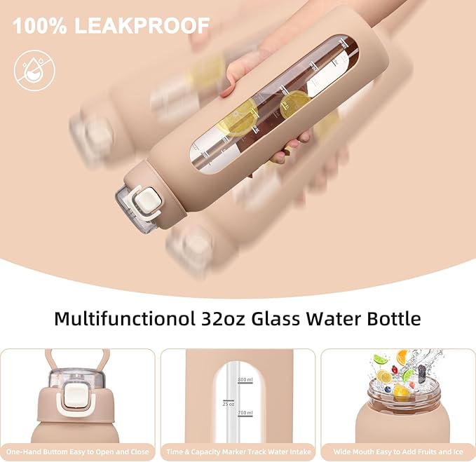 32 oz Glass Water Bottles with 2 Lids-Handle Spout Lid & Straw Lid, 1 Liter Motivational Borosilicate Water Bottle with Time Marker and Silicone Sleeve,Leakproof-Amber-1 Pack
