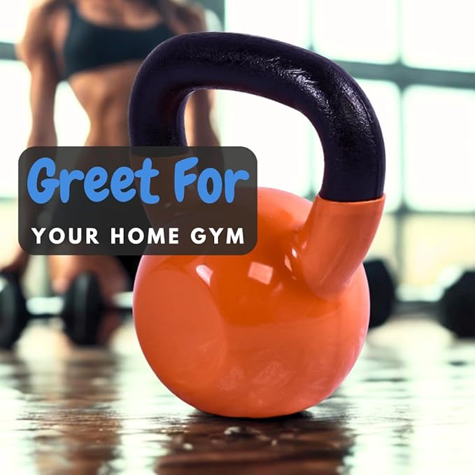 BESEA Orange Vinyl Coated Kettlebell 20~45LBS, Wide Grip Handle, Stable Flat Base, Strength Training, Durable kettle bells