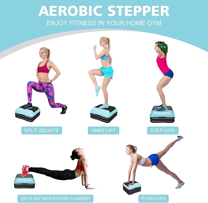 16"x16" Exercise Aerobic Step Platform with 4 Risers, Adjustable Height 4"-6"-8"-10"-12" Workout Stepper for Home Gym Fitness Strength & Training