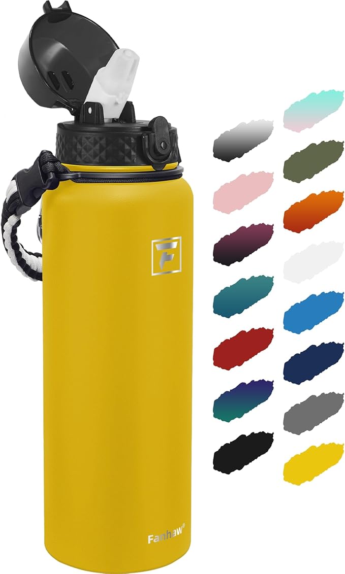 Fanhaw 40 Oz Stainless Steel Insulated Sports Water Bottles with Straw for Kids, Men and Women (Yellow)