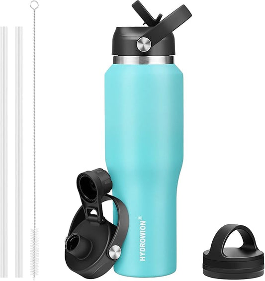 HYDROWION 32oz Stainless Steel Water Bottle(Cold for 48 Hrs, Hot for 24 Hrs), Double Wall Vacuum Insulated Water Bottle with Straw Lid, Spout Lid and Flex Cap, Fit in Any Car Cup Holder, Mint