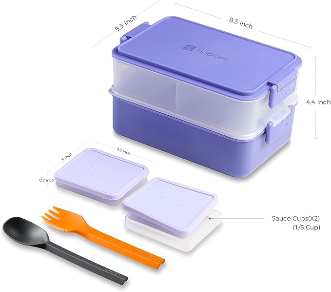 linoroso Stackable Bento Box Adult Lunch Box | Meet All You On-the-Go Needs for Food, Salad and Snack Box, Premium Bento Lunch Box for Adults Include Utensil Set, Dressing Containers - Veri Peri