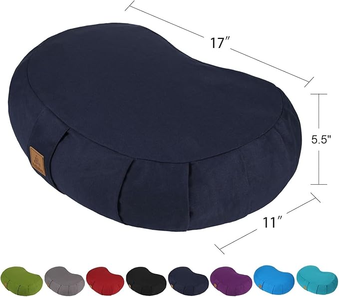 Crescent Zafu Meditation Pillow, D=17" W=11" H=5.5" Zabuton Yoga Bolster, Meditation Cushion, Floor Pouf Yoga Pillow Zippered Organic Cotton Cover Natural Buckwheat kneeling pillow - Large
