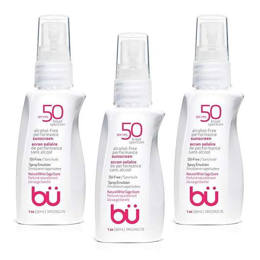 BU SPF 50 Sunscreen Spray for Face and Body, Non Aerosol Spray, TSA Travel Size Sunscreen, Clear, Non Greasy, Water Resistant, White Sage 1 oz (3 Pack)