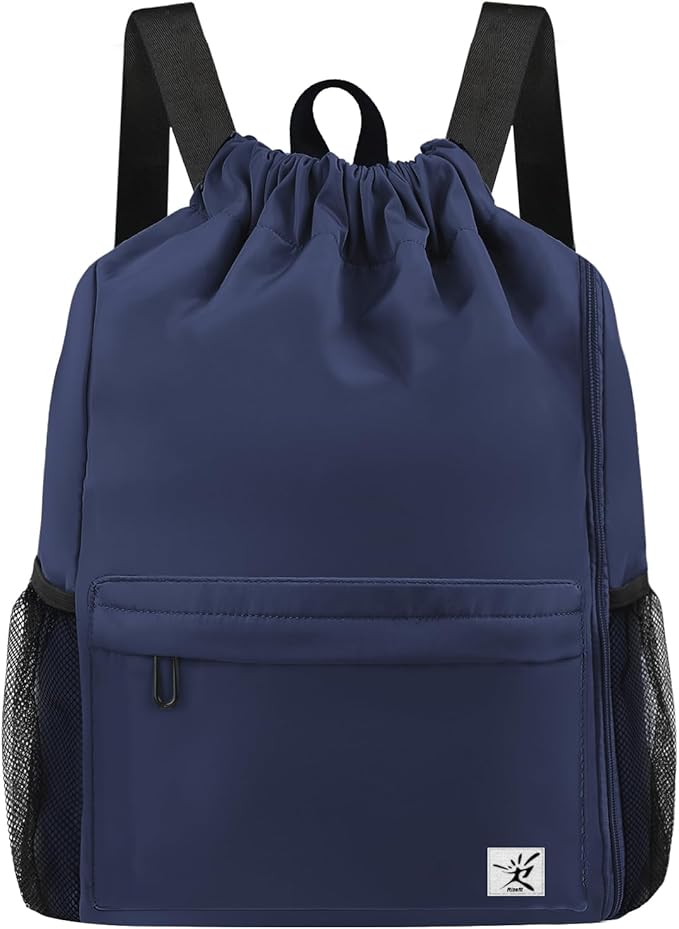 Drawstring Backpack with Mesh Pockets String Gym Bag Sackpack Sandproof Water Resistant Beach Backpack for Men Women