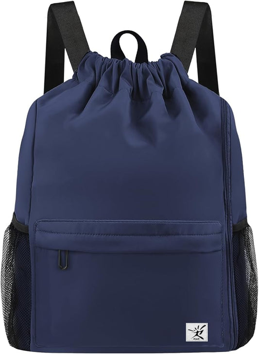 Drawstring Backpack with Mesh Pockets String Gym Bag Sackpack Sandproof Water Resistant Beach Backpack for Men Women