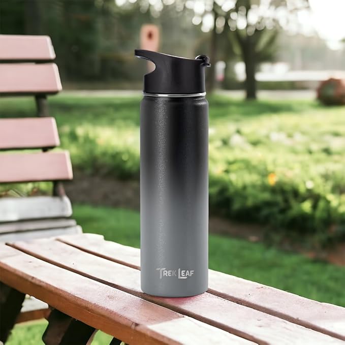 Travel Water Bottle with 3 Lids (Spout, Straw, Flip) Leak Proof, Quality, Vacuum Insulated, Stainless Steel (Charcoal Fog, 22 oz)