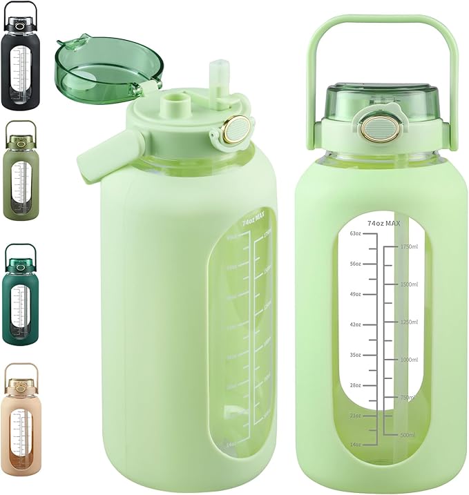 SIEROZUR 74oz Glass Water Bottle with Straw and Lid Large Gallon Water Jug with Silicone Sleeve and Handle 2.2 liter Wide Mouth Bottle with Time Marker for Gym Sports& Workout