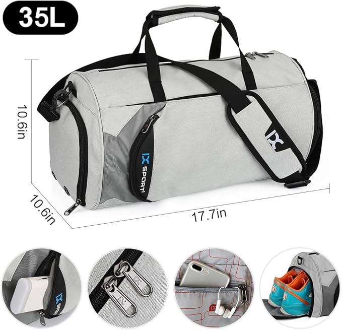 INOXTO Small Sports Gym Bag，Travel Duffel Bag with Dry Wet Pocket and Shoes Compartment for Women and Men，35L Waterproof Weekender Fitness bag For Swim Sports Travel Working Out (light grey 2)