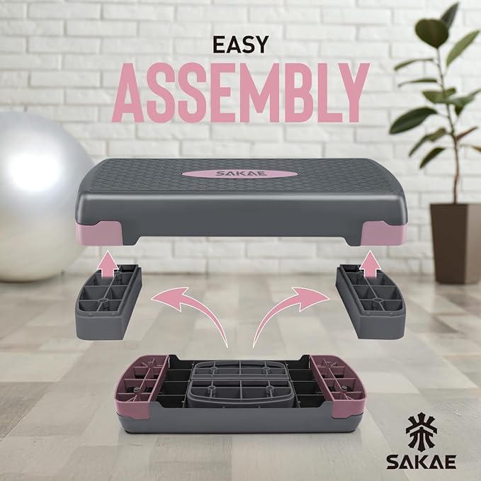 SAKAE Step Aerobics Platform Set with Kettlebell & Measuring Tape, Aerobic Steppers for Exercise at Home, Adjustable Height 2 Level Risers Workout Step Trainer with Non-Slip Surface, Multiple Colors