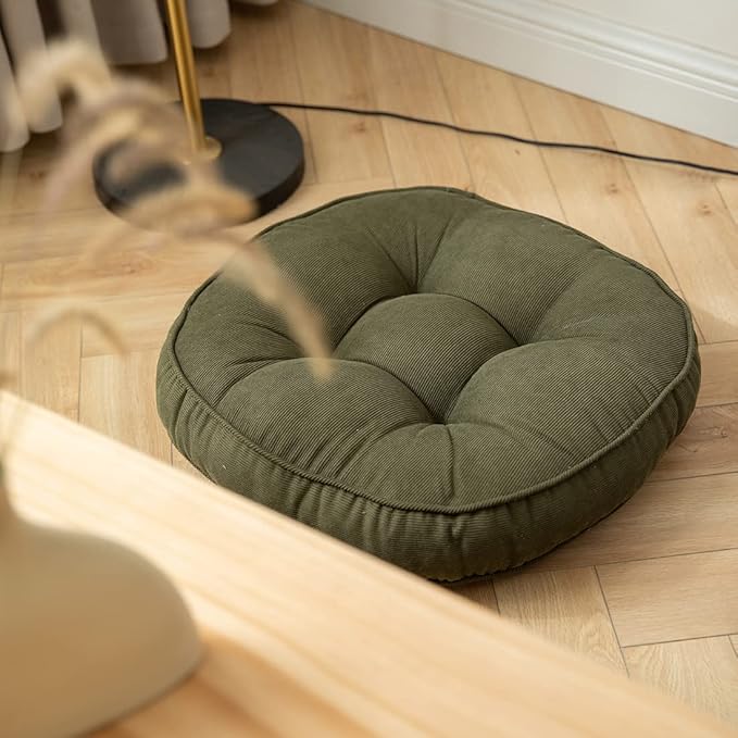 Corduroy Chair Pads Seat Cushion Soft Thicken Bedroom Living Room Floor Tatami Cushion Round Seat Pad for Kids Reading Adult Office,1 Count (Dark Green,22"x22")